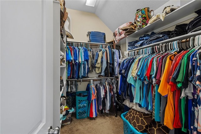 walk in closet featuring carpet and lofted ceiling