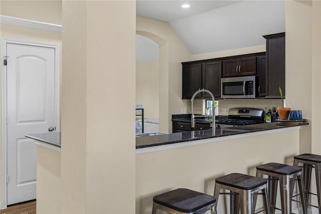 kitchen with dark brown cabinetry, stainless steel appliances, kitchen peninsula, dark stone counters, and a kitchen bar