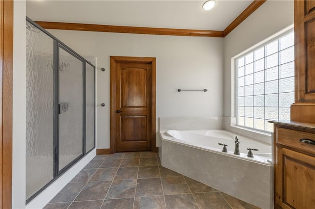 full bath with tile patterned flooring, a shower stall, a bath, and crown molding