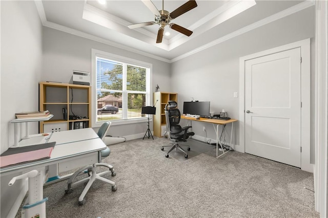 4813 Coopers Hawk Dr, College Station, TX 77845 - carpeted home office with ornamental molding, a raised ceiling, a ceiling fan, and baseboards