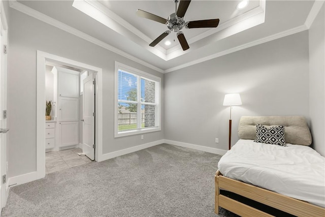4813 Coopers Hawk Dr, College Station, TX 77845 - bedroom featuring ornamental molding, light colored carpet, a tray ceiling, baseboards, and recessed lighting