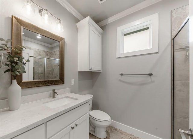 4813 Coopers Hawk Dr, College Station, TX 77845 - bathroom featuring crown molding, a shower stall, vanity, and toilet