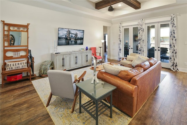 living room with crown molding, beam ceiling, dark hardwood / wood-style floors, coffered ceiling, and french doors