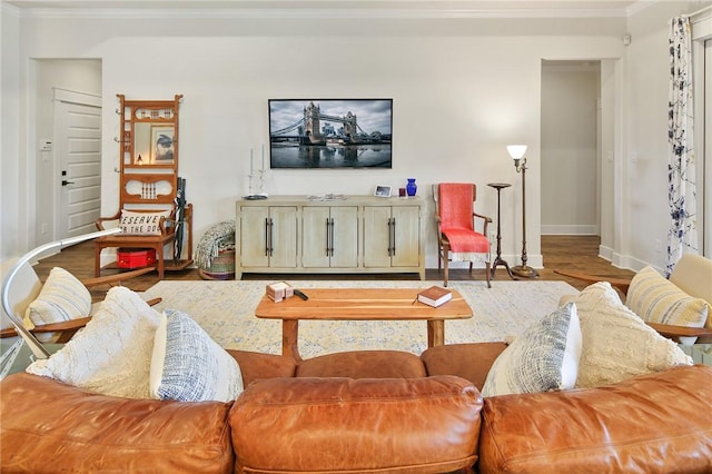 living room featuring crown molding and light wood-type flooring