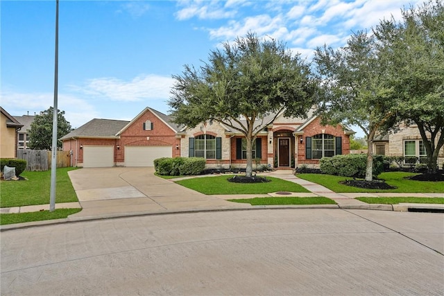 view of front of house with brick siding, an attached garage, fence, driveway, and a front lawn