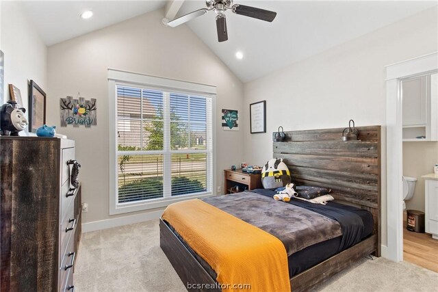 carpeted bedroom featuring vaulted ceiling with beams and ceiling fan