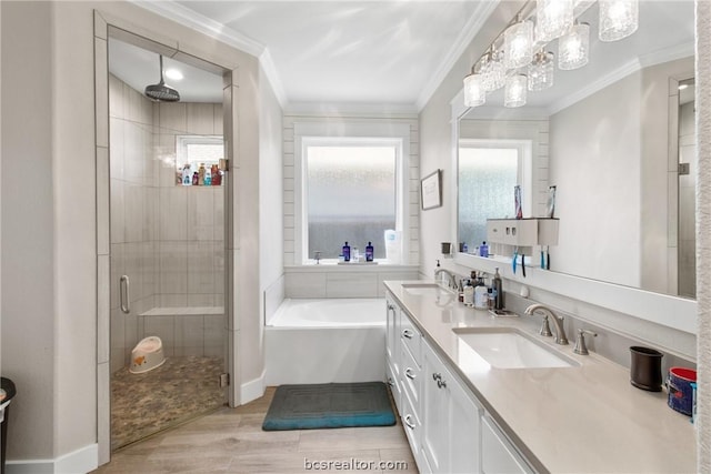 bathroom with plus walk in shower, wood-type flooring, vanity, and ornamental molding