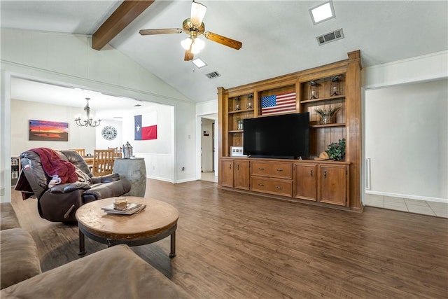 living room featuring vaulted ceiling with beams, dark wood-type flooring, and ceiling fan with notable chandelier