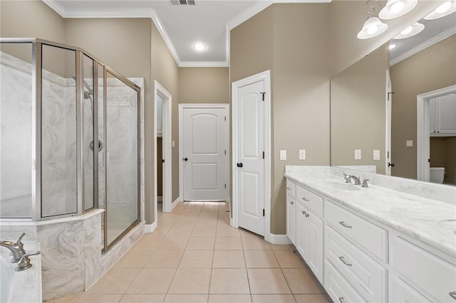 4412 Hearst Ct, College Station, TX 77845 - full bathroom featuring ornamental molding, a shower stall, tile patterned flooring, vanity, and baseboards