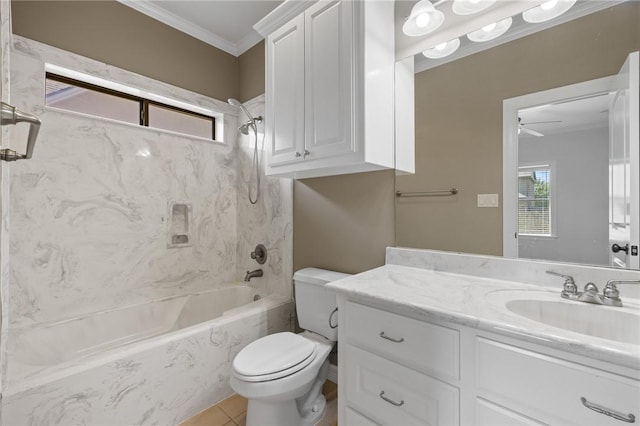 4412 Hearst Ct, College Station, TX 77845 - bathroom featuring toilet, vanity, a combined bath / shower with marble appearance, ceiling fan, and ornamental molding