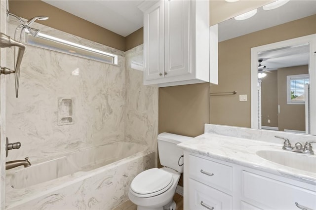 4412 Hearst Ct, College Station, TX 77845 - full bathroom with toilet, vanity, a combined bath / shower with marble appearance, and a ceiling fan