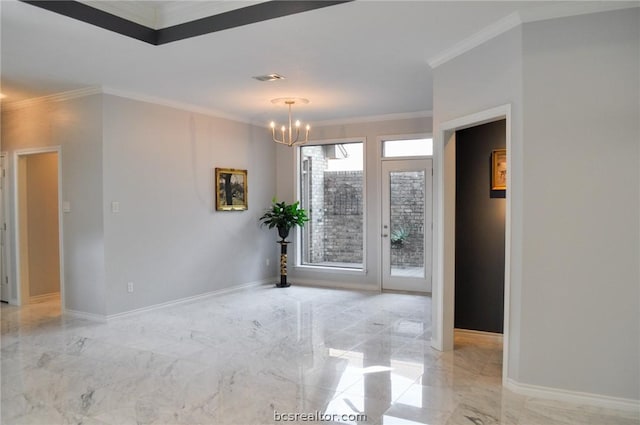 unfurnished room with crown molding and a chandelier