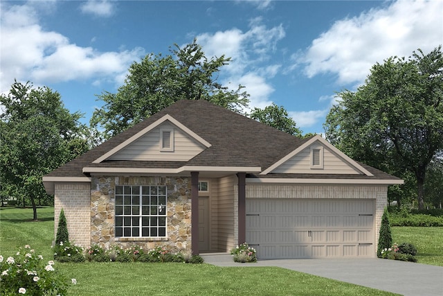 view of front of home with a garage, stone siding, driveway, and a front lawn