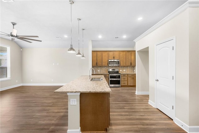 4842 Native Tree Ln, College Station, TX 77845 - kitchen with stainless steel appliances, a sink, ceiling fan, dark wood finished floors, and recessed lighting