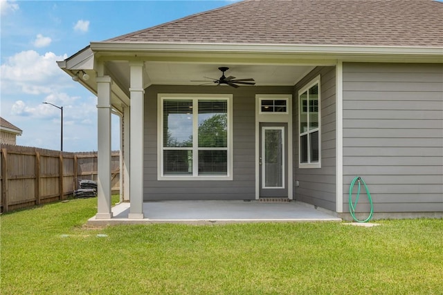 4842 Native Tree Ln, College Station, TX 77845 - entrance to property with a shingled roof, a ceiling fan, and a patio area