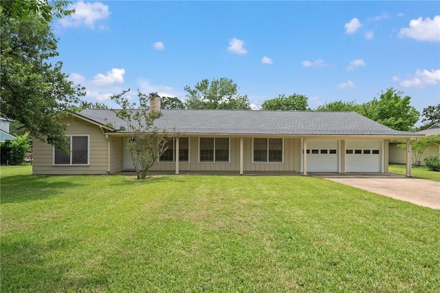 1210 Munson Ave, College Station, TX 77840 - ranch-style house with an attached garage, concrete driveway, a front yard, and a chimney