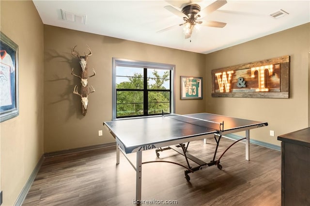 playroom featuring ceiling fan and wood-type flooring