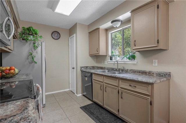 kitchen with light tile patterned flooring, range with electric cooktop, a sink, black dishwasher, and stainless steel microwave