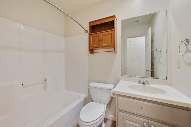 bathroom with toilet, shower / washtub combination, vanity, and visible vents