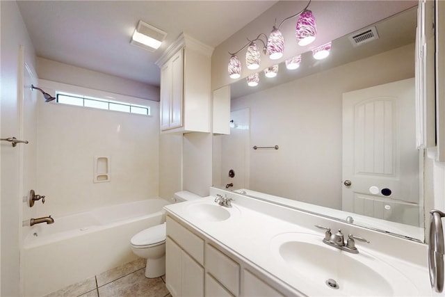 bathroom featuring visible vents, tile patterned flooring, toilet, shower / tub combination, and a sink
