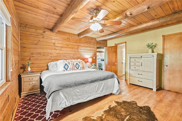 6508 Old Independence Rd, Brenham, TX 77833 - bedroom featuring wooden ceiling, wood finished floors, beamed ceiling, wood walls, and a ceiling fan