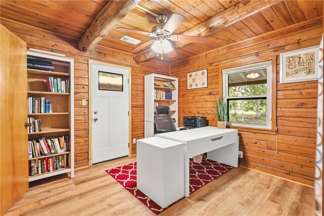 6508 Old Independence Rd, Brenham, TX 77833 - home office with wooden ceiling, wooden walls, beamed ceiling, light wood-type flooring, and a ceiling fan