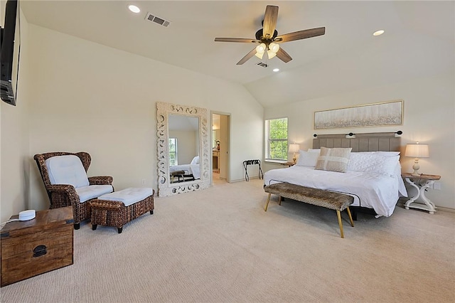 carpeted bedroom featuring ceiling fan and lofted ceiling