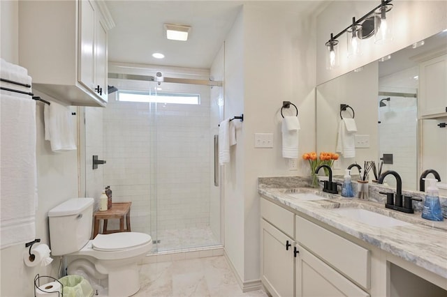 6209 Cromwell Ct, Bryan, TX 77802 - bathroom with marble look tile flooring, double vanity, a shower stall, and recessed lighting