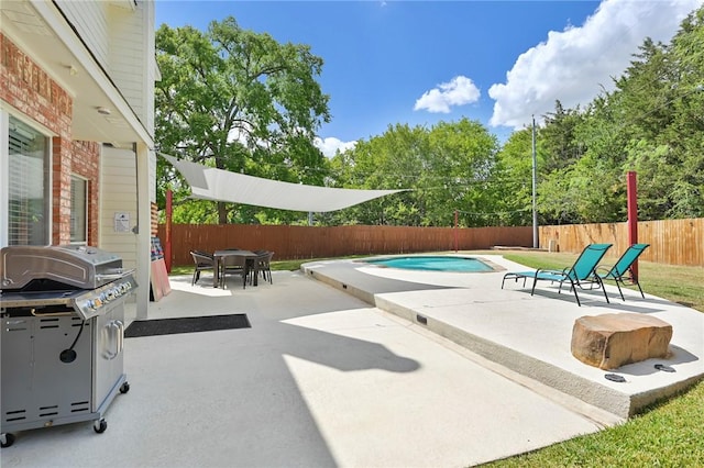 view of patio featuring a fenced in pool and a grill