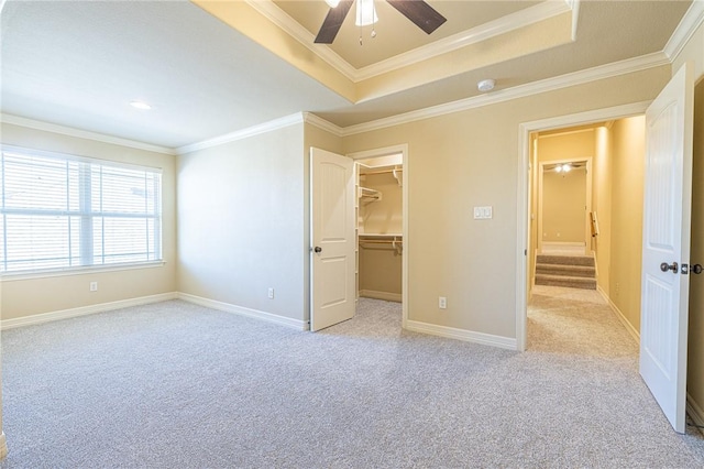 unfurnished bedroom featuring ornamental molding, a spacious closet, a raised ceiling, and light carpet