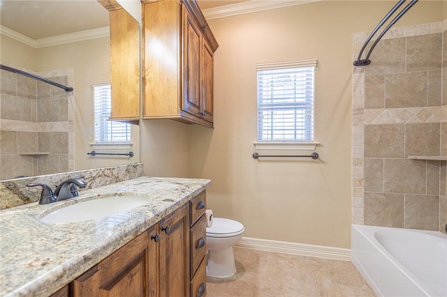 full bathroom with crown molding, vanity, tile patterned floors, and toilet