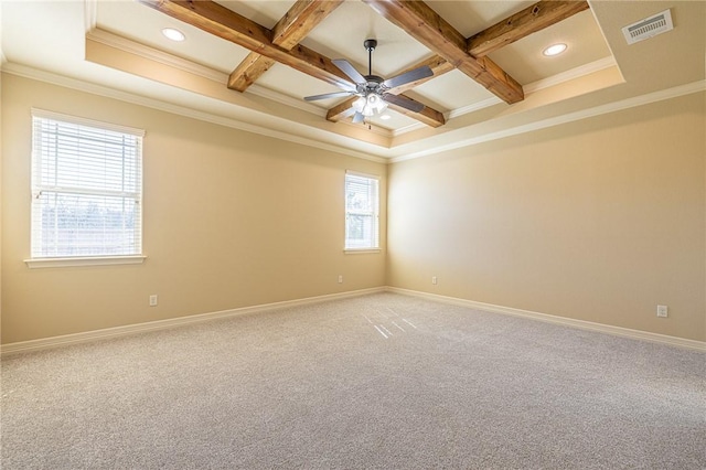 carpeted empty room with ceiling fan, ornamental molding, coffered ceiling, and beam ceiling