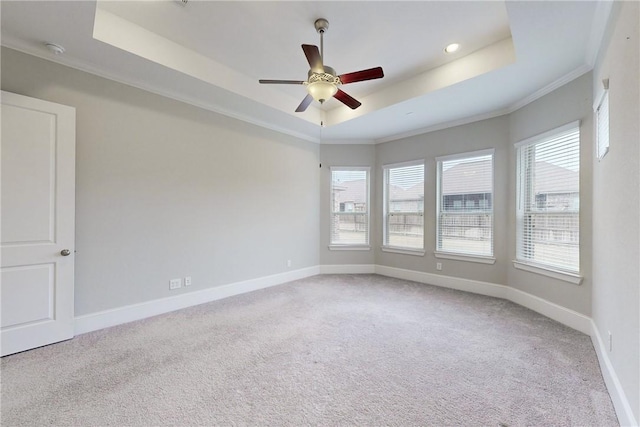 spare room featuring ceiling fan, crown molding, light carpet, and a raised ceiling