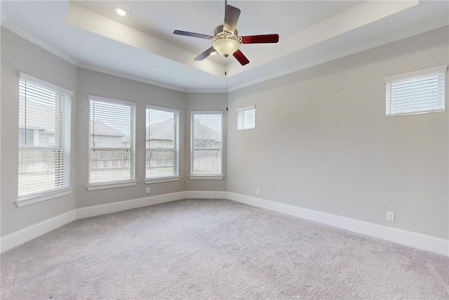 carpeted spare room with crown molding, ceiling fan, and a raised ceiling