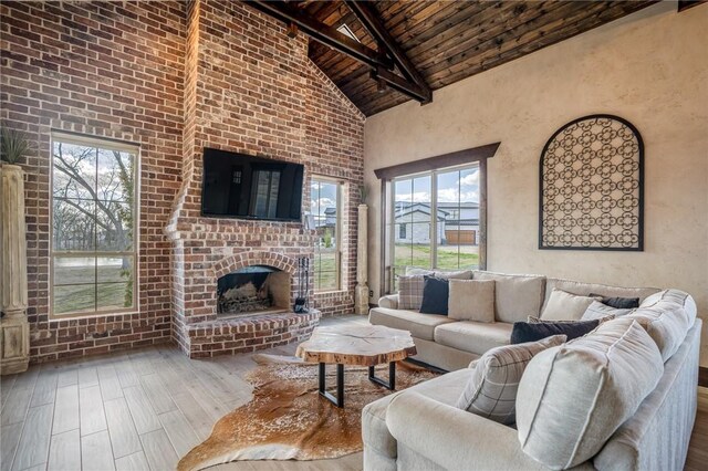 living room with hardwood / wood-style floors, high vaulted ceiling, a healthy amount of sunlight, and wood ceiling