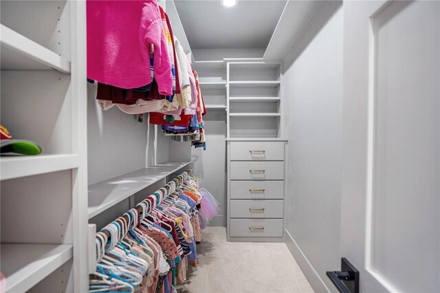 spacious closet featuring light carpet