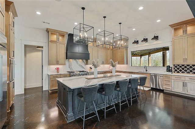 kitchen featuring a breakfast bar area, a large island, stainless steel appliances, and custom range hood