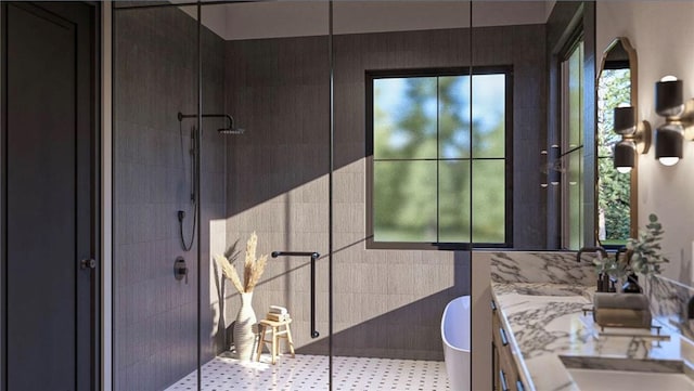 bathroom featuring vanity and an enclosed shower