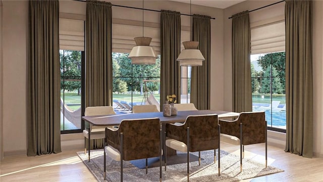 dining space with a wealth of natural light and light wood-type flooring