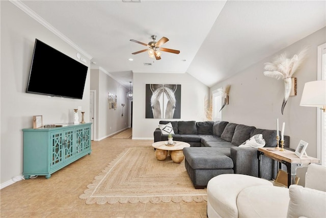 tiled living room with vaulted ceiling, ornamental molding, and ceiling fan