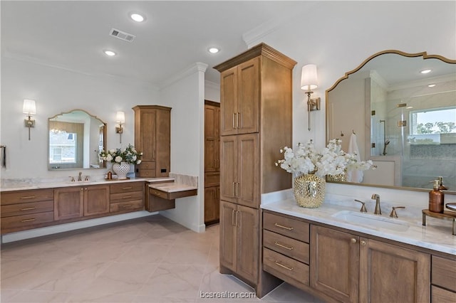 bathroom featuring vanity, walk in shower, and crown molding