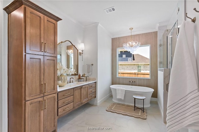 bathroom with plus walk in shower, vanity, crown molding, and a notable chandelier