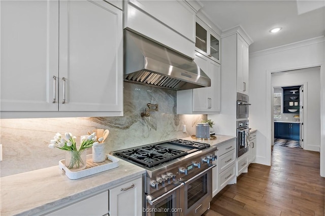 kitchen featuring appliances with stainless steel finishes, light stone counters, ventilation hood, dark wood-type flooring, and white cabinetry