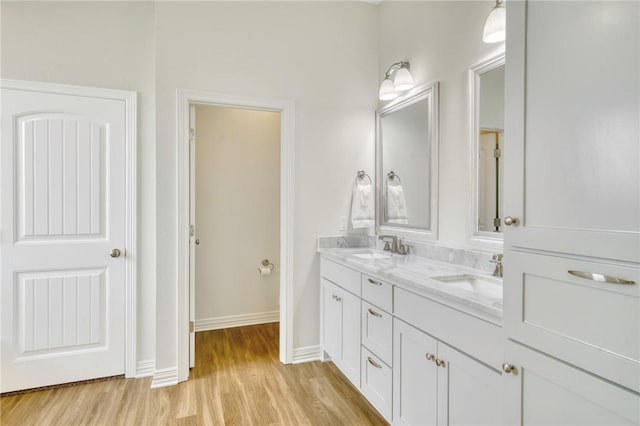 bathroom with hardwood / wood-style flooring and vanity