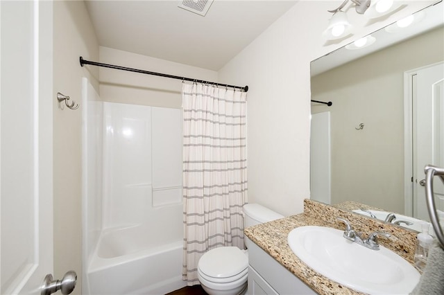 full bathroom featuring visible vents, toilet, vanity, and shower / bath combination with curtain