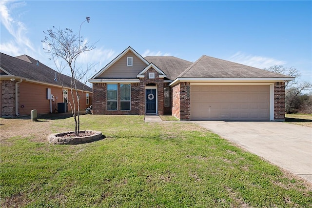 view of front of property featuring concrete driveway, central AC unit, and brick siding