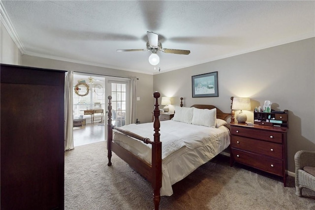 carpeted bedroom featuring ceiling fan, access to outside, a textured ceiling, and crown molding