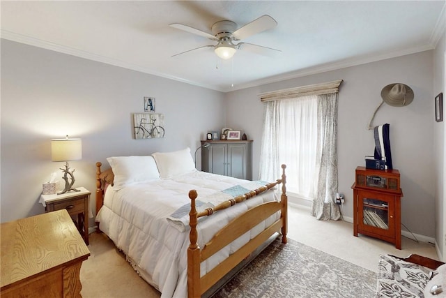 bedroom featuring a ceiling fan, light colored carpet, crown molding, and baseboards