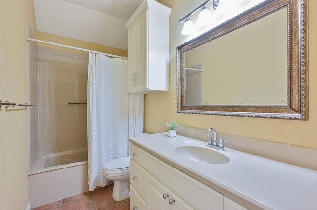 full bathroom with tile patterned flooring, vanity, toilet, and shower / bathtub combination with curtain