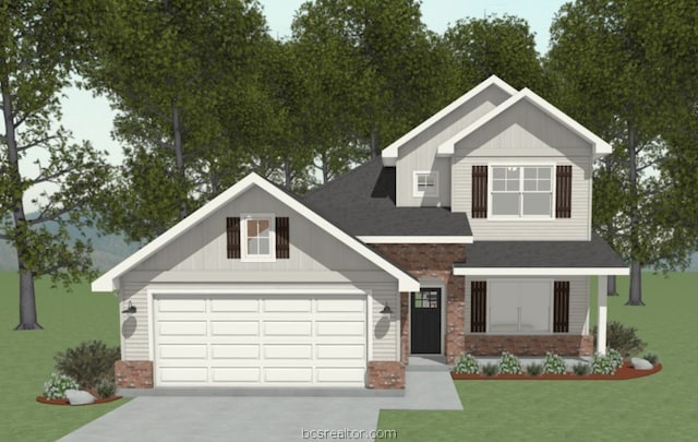 view of front facade featuring a front yard, a garage, and covered porch